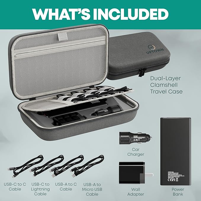 Uptown Deals Travel Charging Kit with Cable Organizer Case – 10,000mAh Portable Charger (Power Bank), 45W GaN Wall Adapter, 48W Car Phone Charger & 4 Cables – Travel Essentials for Devices