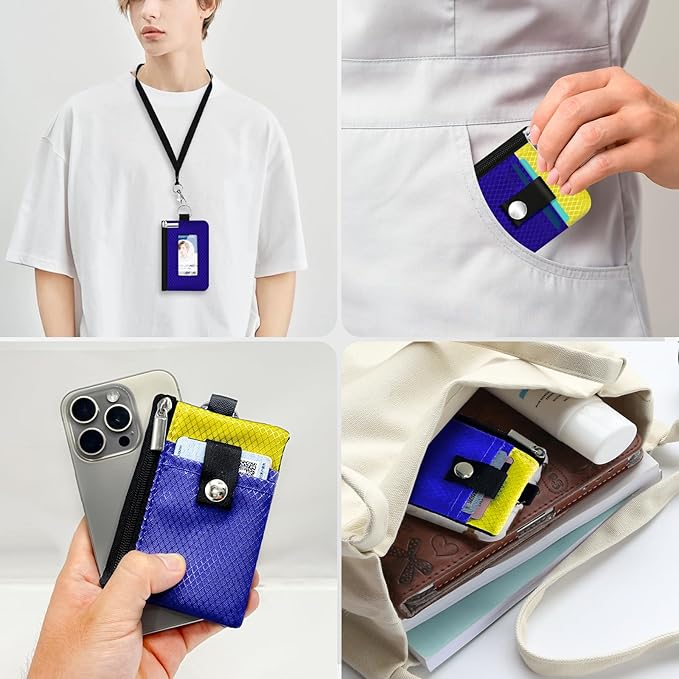 Minimalist RFID Blocking Small Wallet with ID Window,WaterResistant Zip Id Case Wallet with Lanyard Keychain for Cards,Cash,Travel,Women,Men (Sapphire Blue/Lemon Yellow)