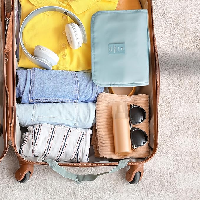 Travel Toiletry Bag for Women, Hanging Toiletry Bag with Multi-Pockets, Toiletry Bag for Traveling Easy Clean, Travel Organizer Bag Sky-blue