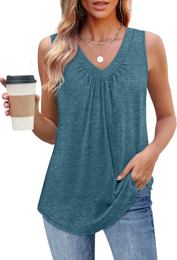 OFEEFAN Tank Top for Women Loose Fit Sleeveless Shirts V Neck Summer Clothes Ruched Women's Tees and Tanks Curved Hem