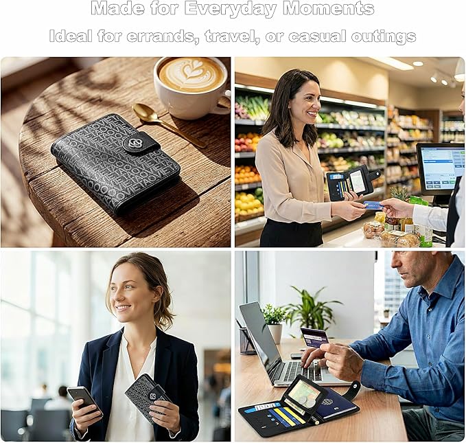 Passport Holder for Travel, RFID Blocking Leather Airtag Wallet for Women Men, Large Passport Cover Essentials Gift, Tickets, Cash, Photo, Sim Card Pen Slot, Black