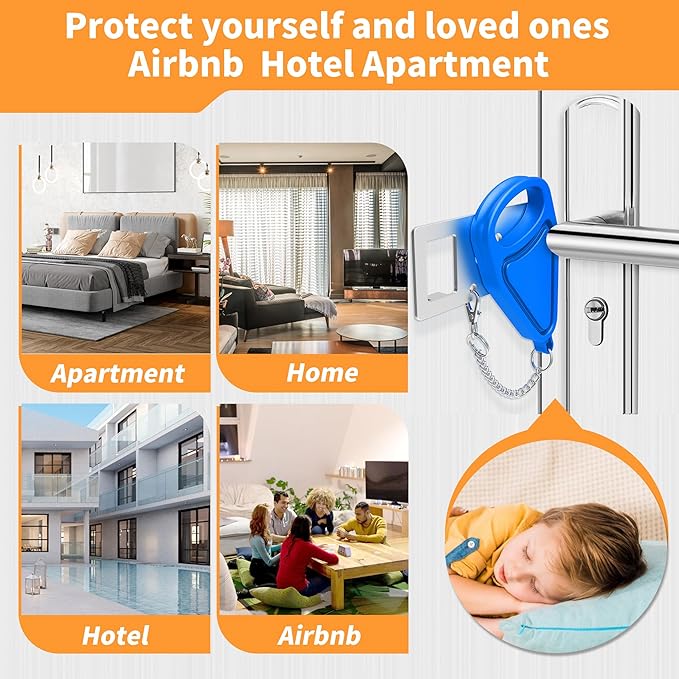 Portable Travel Door Lock Blue of 2 Pieces, Lockdown Securing Doors from Inside, Simple Effective Reliable for Hotel and Apartment Doors, Suitable for Family Trip