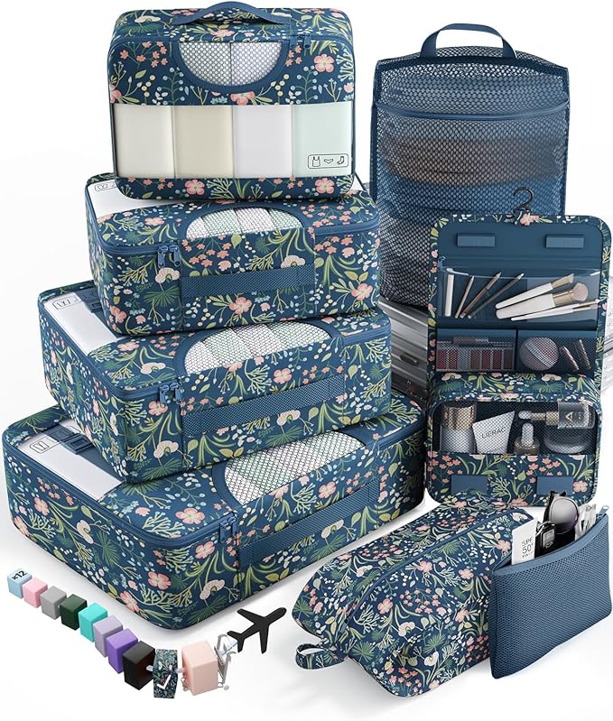 Veken 8 Set Packing Cubes for Travel Essentials, Suitcase Organizer Bags in 4 Sizes, Carry-On Luggage Accessories with Large Laundry Bag & Passport Holder, Must-Have for Airplane, Road Trip & Camping