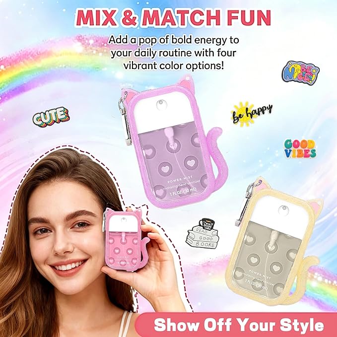 Cat Silicone Case for Touchland Hand Sanitizer Spray, Hand Sanitizer Holder Keychain with 4 Cute Charms for Touch Land Mist 1FL. OZ