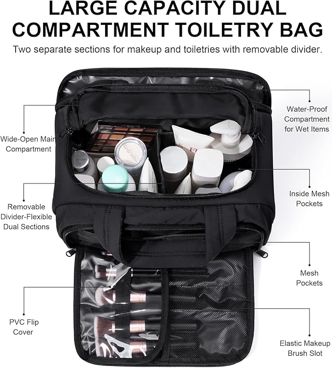 Bagstellar Travel Toiletry Bag for Women, Lightweight Large Quilted Puffy Makeup Bag Wide-open Make up Organizer Cloud Cosmetic Bag w/Handle for Traveling, Toiletries, Essentials, Accessories, Black
