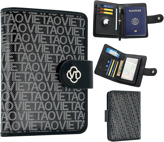 Passport Holder for Travel, RFID Blocking Leather Airtag Wallet for Women Men, Large Passport Cover Essentials Gift, Tickets, Cash, Photo, Sim Card Pen Slot, Black