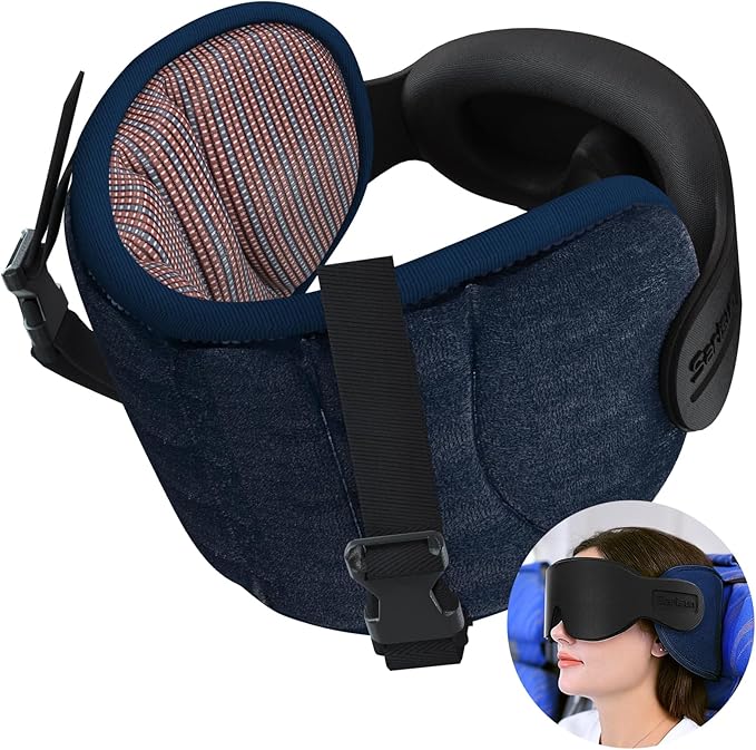 SARISUN Travel Pillows for Airplanes, Airplane Pillow for Long Flight Car Road Trip, Airplane Head Strap with Sleep Eye Mask, 360° Support Headrest, Stop Bobblehead Travel Neck Pillow, Mottled Red