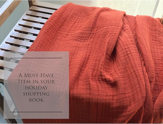 KyraHome 100% Cotton Throw Blankets for Adults, 60"x80" Muslin Blankets for Couch, Picnic, Plant-Dyed, Lightweight Breathable Blanket, All Season, (Terracotta/Burnt Orange)