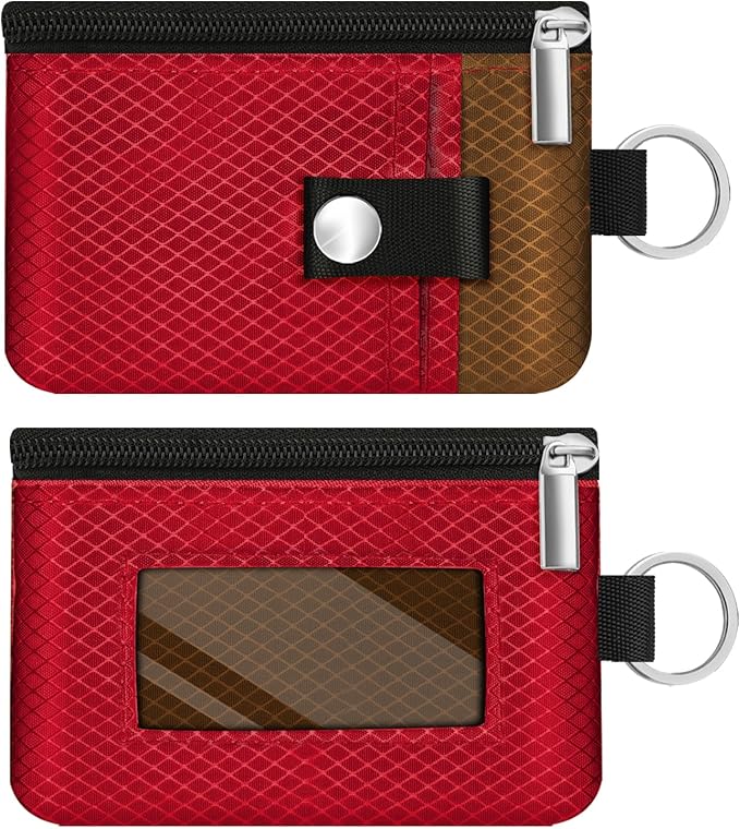 Minimalist RFID Blocking Small Wallet with ID Window,WaterResistant Zip Id Case Wallet with Lanyard Keychain for Cards,Cash,Travel,Women,Men (Red/Brown)