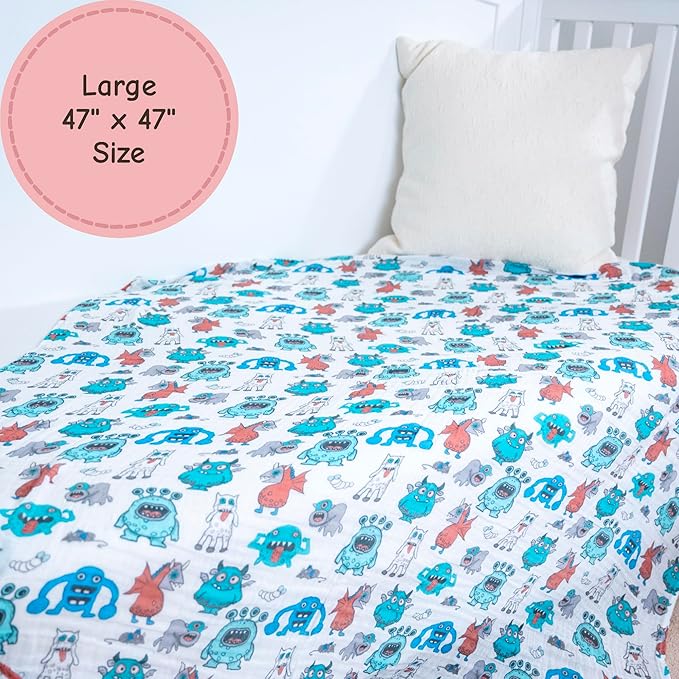 LollyBanks Muslin Swaddle Blankets, 100% Cotton Soft and Breathable Baby Blanket for Boys, 47 x 47 Inches Receiving Blankets, Lightweight Newborn Swaddles, Nursery Must Haves (Monsters Print)