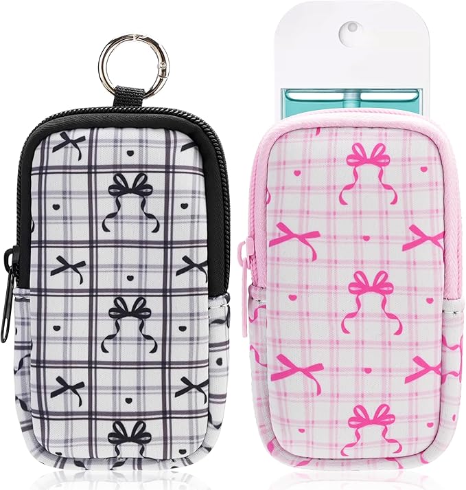 KJQJLY 2 Pack Hand Sanitizer Holder Pouch, Zippered Portable Sanitizer Case with Cute Pattern, Keychain D-Ring for Purse, Backpack & Travel