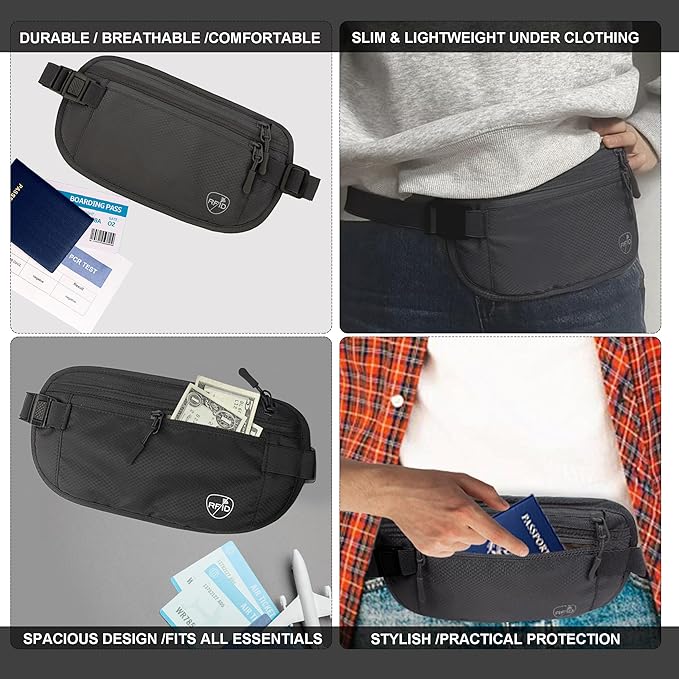SUPACOOL Money Belt, Hidden Travel Wallet for Passport, RFID Blocking Passport Pouch, Passport Holder for Travel, Undercover Fanny Pack(Black)