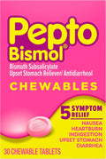 Pepto Bismol Chewable Tablets, Upset Stomach Relief, Nausea Relief, Heartburn Relief, Indigestion Relief, Anti Diarrhea Medication for Adults - 5 Symptom Relief, 30 ct