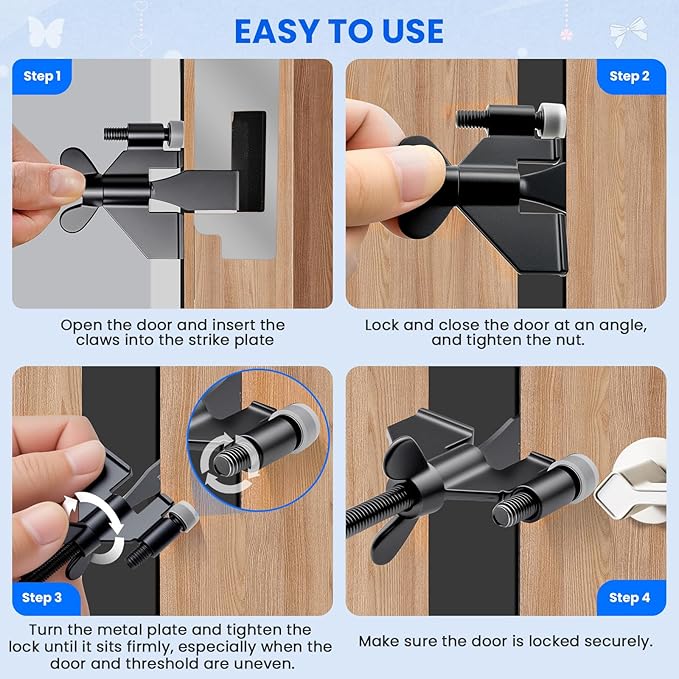 2 Pack Black Portable Door Lock Home Security Door Locker Travel Lockdown Locks for Additional Safety and Privacy Perfect for Traveling Hotel Home Apartment College