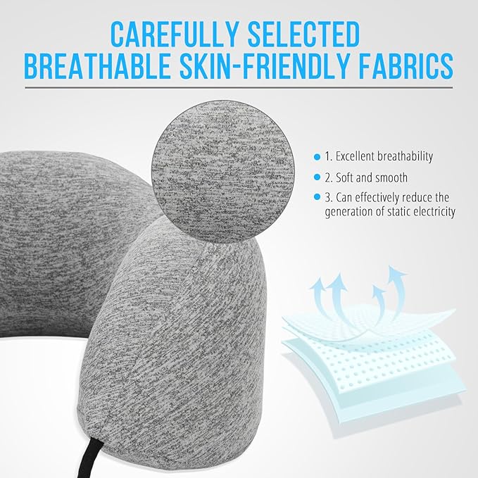 NLQS Airplane Travel Pillow,Natural Latex Neck Pillow,Make You Feel Comfortable Airplane Neck Pillow,Comfortable and Breathable,Support Head and Neck,Travel Essentials,Eye Mask and Ear Plugs Gray Set