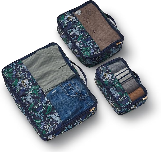 RIFLE PAPER CO. Soft Sided Packing Cubes Set of 3 (Includes 3 Different Sizes and a Laundry Bag, Travel Must Have Accessory, Stylized Pattern), Peacock