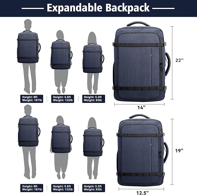Flight Approved Travel Backpack with LifetimeWarranty,Expandable Carry on Backpack 40-50L with USB Cable Port,Fits 17.3"Laptop,Flight TSA friendly,Anti Theft Laptop Backpack Travel,Commuting,Blue