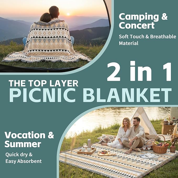 2 in 1 Extra Large Boho Beach Blanket Towel Giant Woven Outdoor Picnic Mat Camping Gear Cruise Essential 2025 Summer Vacation Must Have Airplane Travel Accessories Costa Rica Bahamas Hawaii Trip Stuff