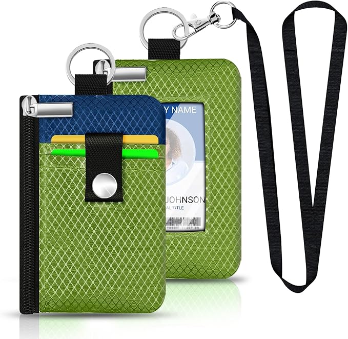 Minimalist RFID Blocking Small Wallet with ID Window,WaterResistant Zip Id Case Wallet with Lanyard Keychain for Cards,Cash,Travel,Women,Men (Olive Green/Electric Blue)