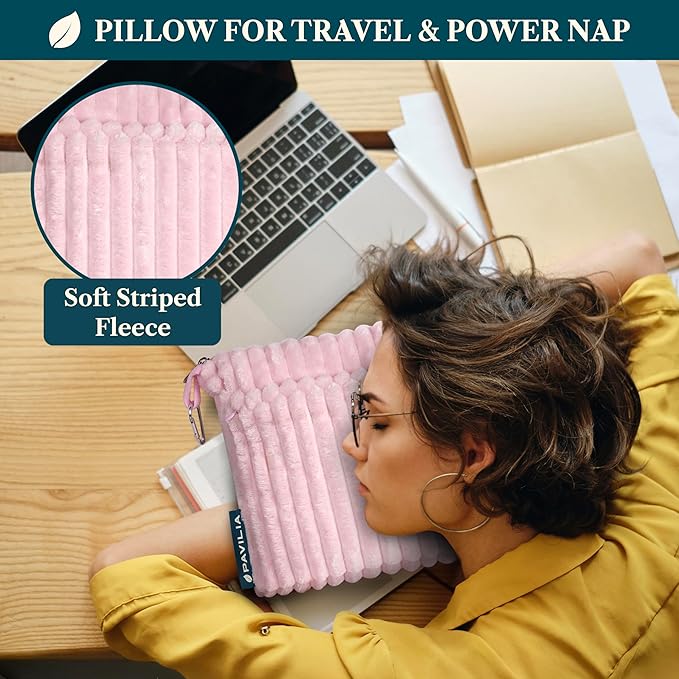 PAVILIA Travel Blanket Pillow in Soft Bag with Pockets, Airplane Blanket Set, Plane Blanket Compact Packable, Flight Essentials Car Pillow, Travelers Accessories Gifts, Luggage Strap, Light Pink
