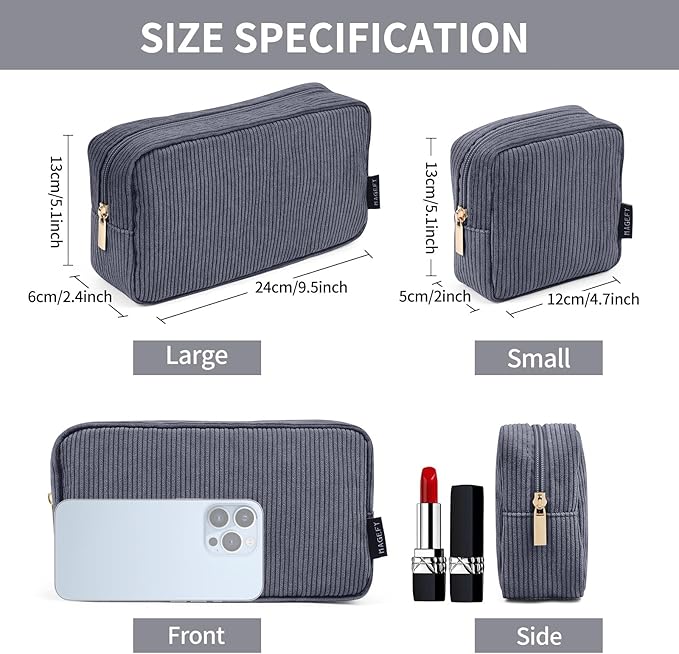 MAGEFY Small Makeup Bag for Purse Mini Cosmetics Bag Corduroy Cute Cosmetic Pouch for Women with Slip-in Pockets