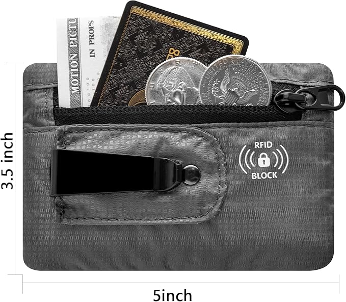KOSMCCO RFID Blocking Clip Stash Pocket, Compact Hidden Travel Belt Wallet for Cards & Cash - Slim Pickpocket-Proof Design for Everyday Carry (Grey, Medium)