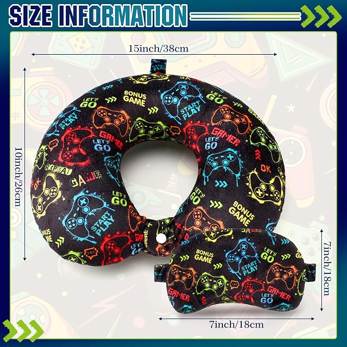 Gilprop 2 Pcs Gaming Travel Pillow with Sleep Eye Mask, U Shaped Memory Foam Headrest & Neck Pillow with Washable Cover, Soft Neck Head Support Travel Accessories for Airplane Car Train Bus Trips