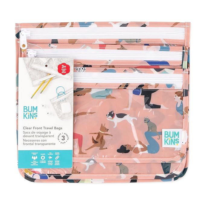 Bumkins Travel Bag, Toiletry, TSA Approved Pouch, Zip Bag, Quart Size Airline Compliant, Clear-Sided, Baby, Diaper Bag Organization, Makeup, Accessories, Carry On Packing, Set of 3 Sizes, Yoga Pals