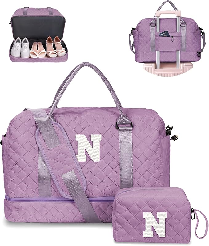 Gifts for Sister-Travel Bag for Women Shoe Compartment, Personalized Weekender Bag, Monogram Overnight Bag, Letter Travel Bag with Makeup Bag，Sister Friend Girlfriend Gifts (Letter N)