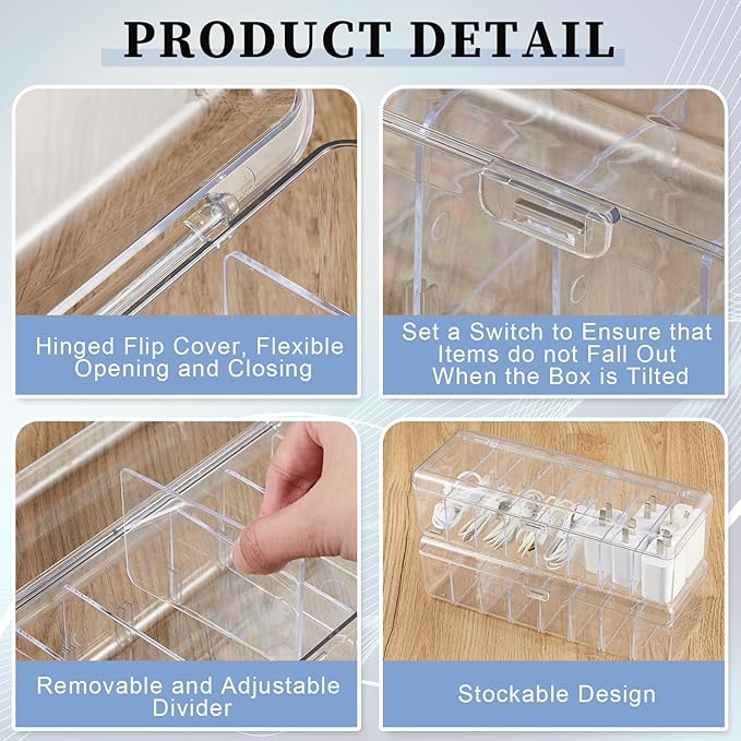 Tatuo 2 Pcs Cable Organizer Box with 20 Wire Ties and 2 Sort Stickers, Clear Plastic Cord Storage Box with Lid for Home Office Desk Organizers and Accessories