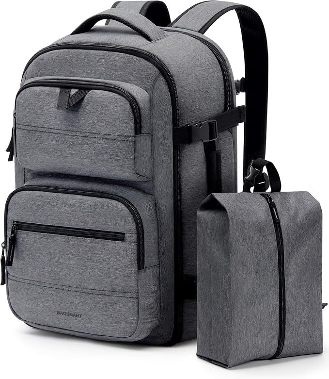 BAGSMART Travel Backpack for Women Men, 40L Flight Approved Carry on Backpack with Shoe Bag, TSA Large Personal Item Backpack with 17 Inch Laptop Compartment, Weekender Suitcase for Travel, Grey