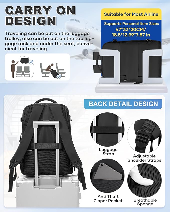 VGCUB Vacuum Backpack Travel with Pump Vacpack System Storage Compression Carry on Laptop Work Business Waterproof College Bags Casual Daypack Backpacks for Women Men Black