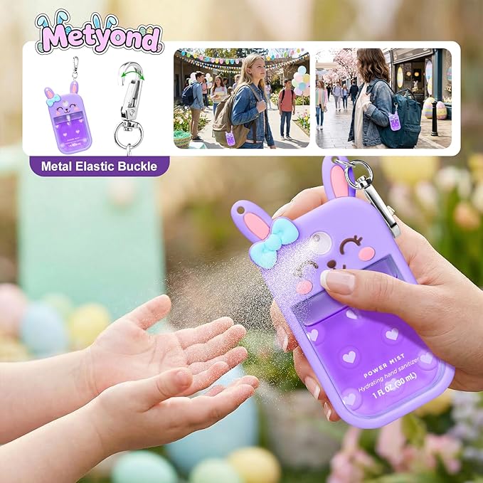 Metyond Rabbit Silicone Case for Touchland Hand Sanitizer Spray with Keychain, Compatible with Power Mist or Glow Mist 1 FL OZ/30ML for Touchland Case, Cute Travel Case for Easter Gifts (1 Pcs Purple)