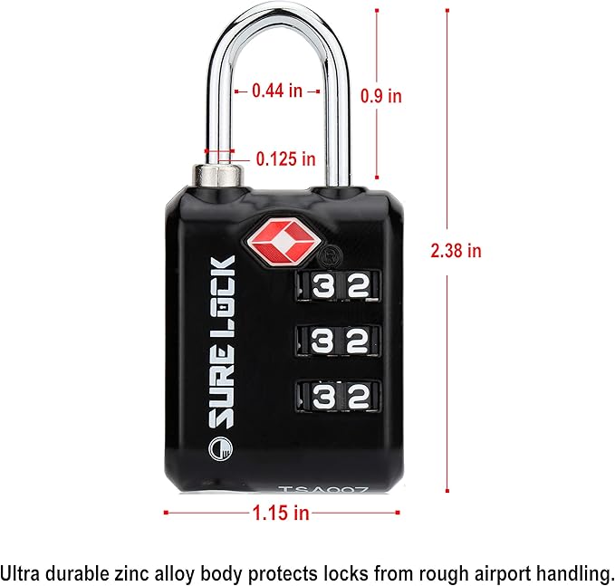 SURE LOCK TSA Approved 3 Digit Luggage Locks With Zinc Alloy Body and Hardened Steel Shackle To Lock Travel Suitcase