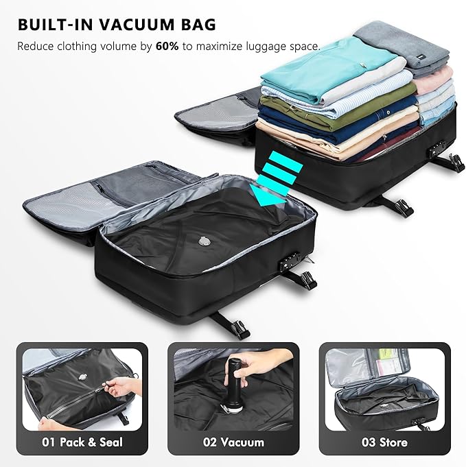 SUOCO Travel Vacuum Backpack with Portable Electric Pump, 45L Carry On Compression Seal Travel Backpack with Vacuum System, Traveling Packing Luggage Suitcase, Grey