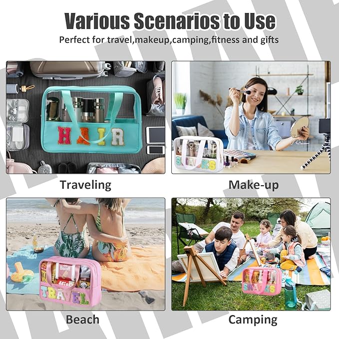 BuyCard Chenille Letter Patch Clear Travel Bags, Preppy PVC&Nylon Makeup Bag with Handle and Zipper, Waterproof Large Clear Travel Toiletry Bag Storage Bag for Women Girls