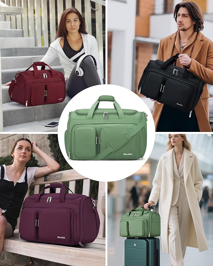 MILADA Carry On Luggage Bags for Travel Lightweight Personal Item Travel Bag Foldable Large Duffle Bag for Travel Tote Overnight Bags for Women Mens Weekender Bags, Forest Green