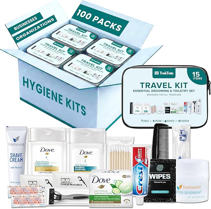 TrekTote Bulk 15 Piece Hygiene Kits for Distribution & Travel, TSA Toiletries Kit, Mini Shampoo, Toothbrush, Deodorant, Soap, Razor, Individually Packaged in Case Pack of 100