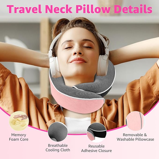 Travel Pillows for Airplanes Ergonomic Memory Foam Neck Pillow for Travel - 360° Head & Neck Support for Sleeping on Flights, Cars, Trains & Office (Pink-2)