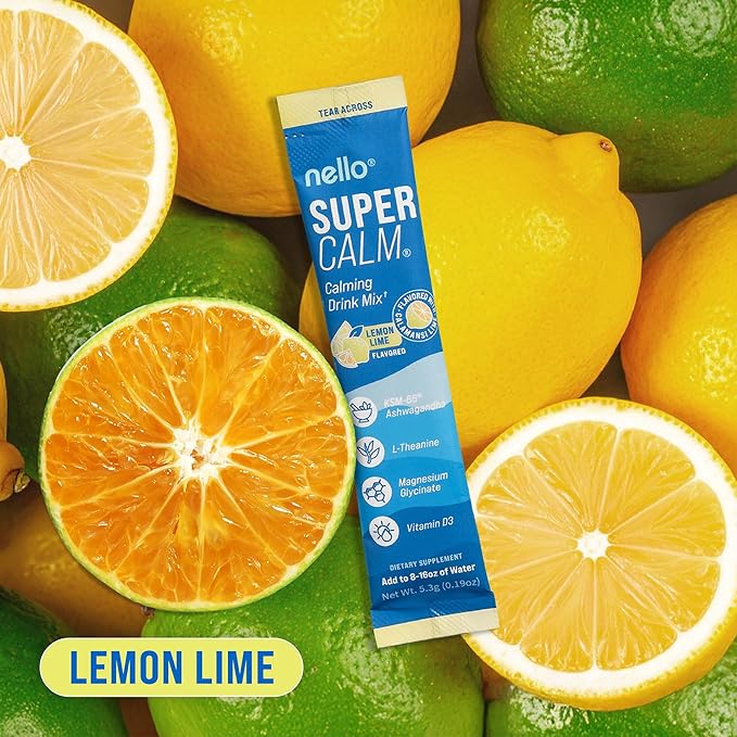 Nello Supercalm Powdered Drink Mix, Cortisol Reducer* and Sleep Aid Supplement, L Theanine, Ksm-66 Ashwagandha, Magnesium Glycinate, Vitamin D 3, No Sugar, Non GMO, On The Go, 20 Ct, Lemon Lime