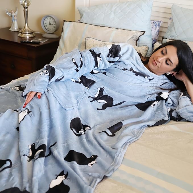 Solaris Wearable Cat Pattern Blanket with Sleeves, Super Soft Warm Snuggy Body TV Throw Blanket for Home Office Lounge, Cat Gift for Adult Women Men