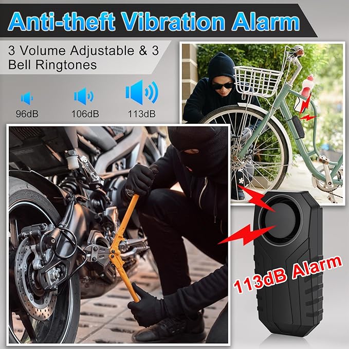 USUPERINK Motorbike Anti-Theft Alarm with Remote Control, Bike Alarm, Motorcycle Alarm, Bicycle Alarms with Remote, Bike Accessories Bicycle Security IP65 Waterproof, 113dB Super Loud, 4Pack
