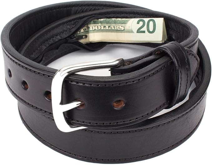 Hidden Money Pocket Travel Leather Belt (Size 46, Black)