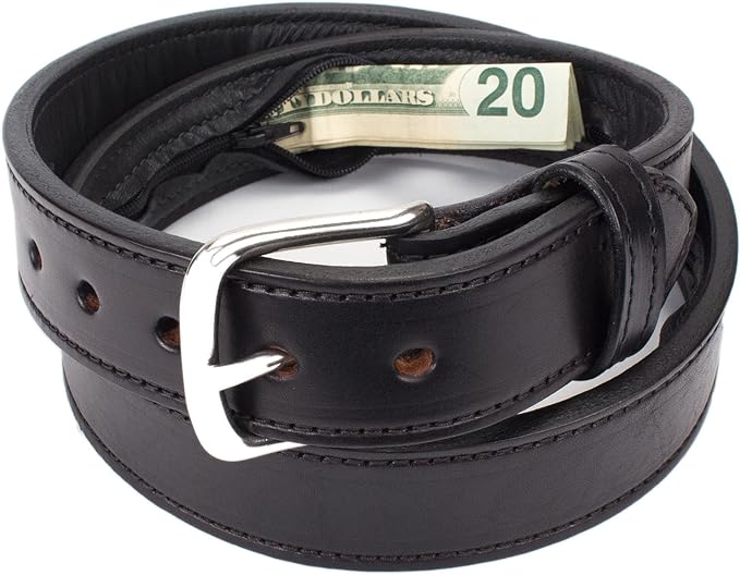 Hidden Money Pocket Travel Leather Belt (Size 40, Black)