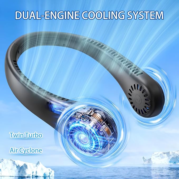 Hands-Free Neck Fan, Personal Portable Fan 3 Speeds, Bladeless Display, Stereo Airflow Personal Cooling Fan for Outdoor, Sports, Travel, Office, Makeup (Black)