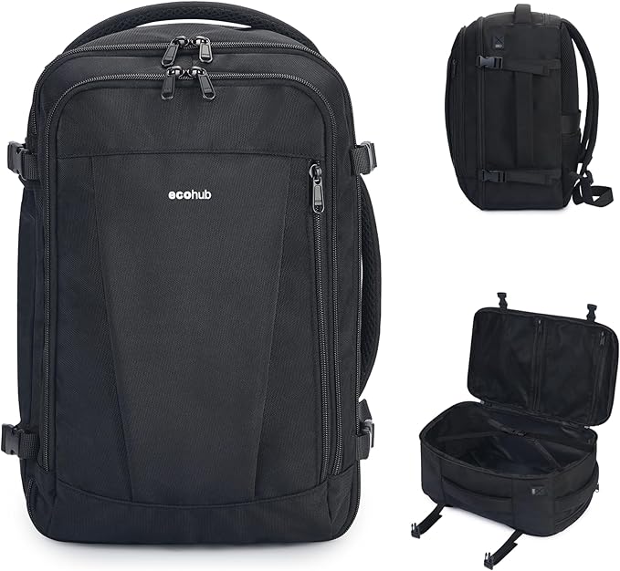 ECOHUB Travel Backpack 18x14x8 Spirit Airlines Personal Item Bag Carry On Backpack 13 Pockets Work Casual Daypack for Men Women Airline Approved Water Resistant Gym Backpack with Charging Port, Black
