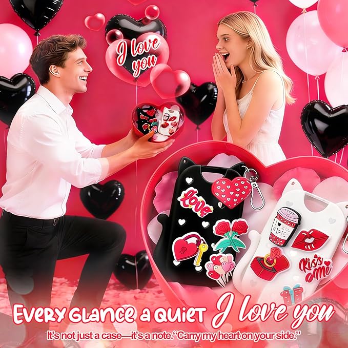 Mity rain Valentine Cat Silicone Case for Touchland Mist 1 FL OZ Hand Sanitizer Spray, Portable Travel Keychain with 10 Love Charms, Ideal Valentine’s Day Gifts for (Him/Her) your beloved