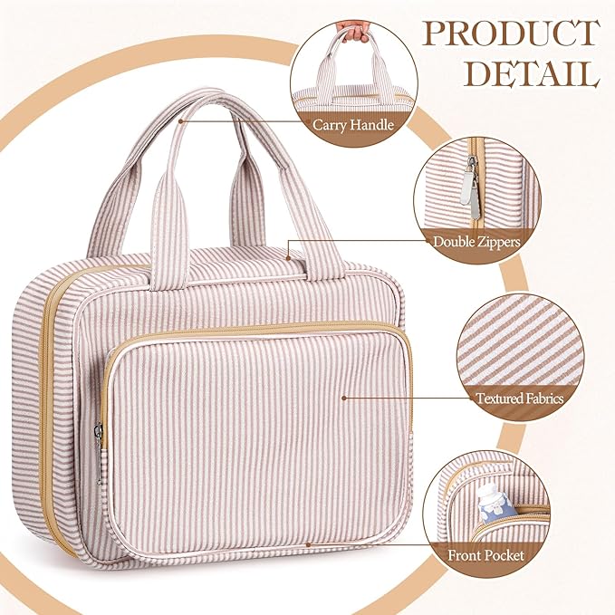 Huhumy Hanging Toiletry Bag for Women with Detachable Pouch, Travel Toiletry Bag, Travel Size Toiletries, Cosmetic Bags, Seersucker Makeup Bags Gifts for Her Mom Girlfriend Wife Teacher(Khaki)