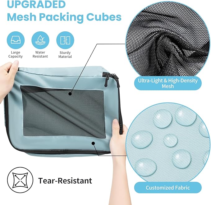 Mesh Packing Cubes for Travel, Durable Luggage Organizer with Sturdy Material and Double Zippers, Comprehensive Set for Travel Accessories Storage, 8 set, teal