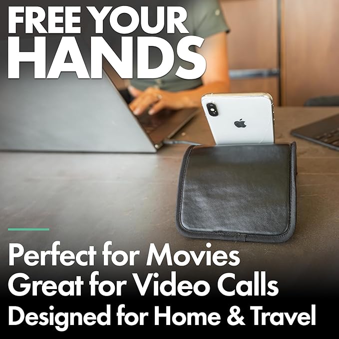 Airplane Phone Holder, Flexible Cell Phone Holder, Folding Cellphone Stand for Desk, Bed, Office, Treadmill - Airplane Gadgets for Long Travel Accessories - Plane Essentials (Vegan Leather)